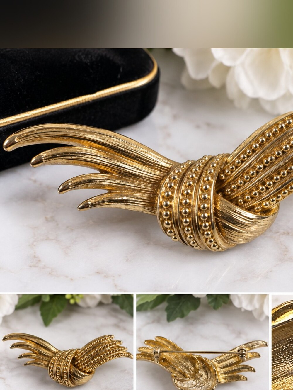Vintage Monet Gold Tone Beaded Ribbon Brooch Pin Signed